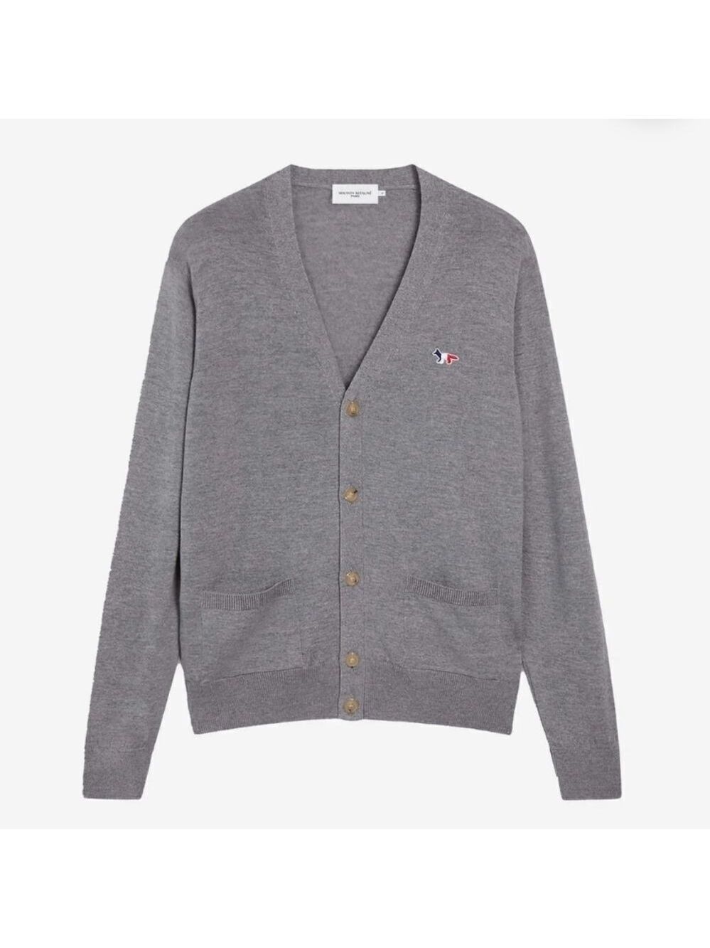 Maison Kitsune Unisex Tricolor Fox Patch Cardigan Grey Melange Medium
